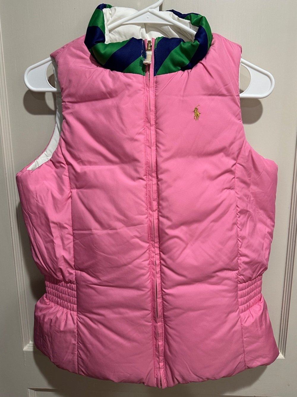Ralph Lauren Pink Puffer Vest with Green & Navy Trim